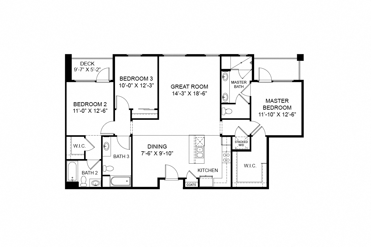 Floor plan for 3 beds, 3 baths, 1430 sqft